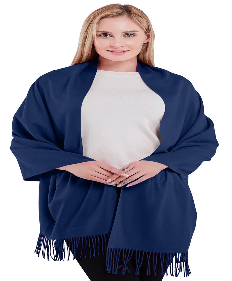 CJ Apparel Navy Blue Thick Solid Color Tassels Design Cotton Blend Shawl Seconds Scarf Wrap Stole Throw Head Wrap Pashmina New - Image 4